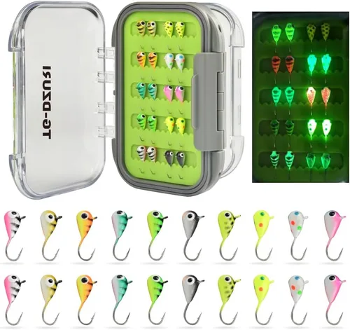 Vista 11 de Kit de Jigs de Pesca en Hielo de Tungsteno, 3.2/4/5mm Gota Lágrima que Brillan en la Oscuridad Señuelos Jigs de Pesca en Hielo con Caja de Jigs