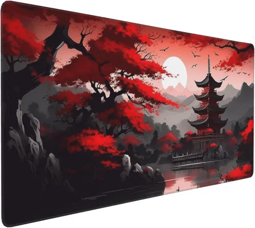 Vista 8 de Alfombrilla extendida para mouse, diseño de paisaje de pintura de tinta china, 35.4x15.7 pulgadas, tapete para teclado de juegos con bordes cosidos