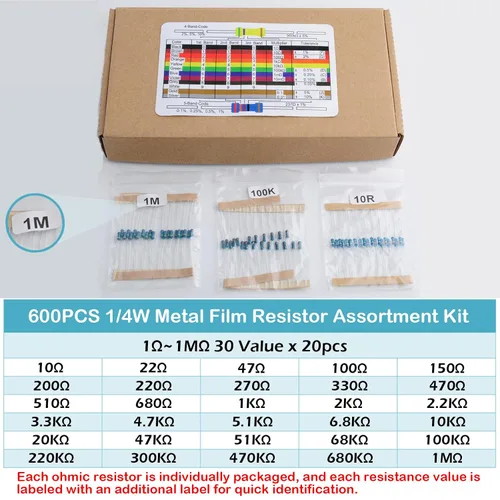 Vista 2 de 600PCS 1/4W 30 Valores 1% Película de Metal de Precisión Resistencia Electrónica Kit Surtido Set 10ohm-1Mohm