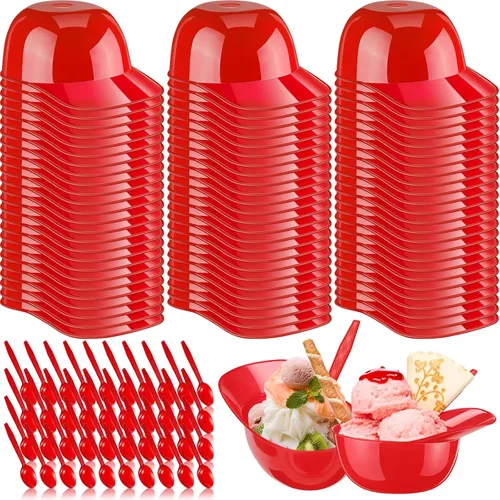 Vista 8 de Tanlade Juego de 100 cuencos para casco de béisbol con cucharas de 8 onzas, mini helado, postre y gorra de béisbol, cuencos de plástico para casco