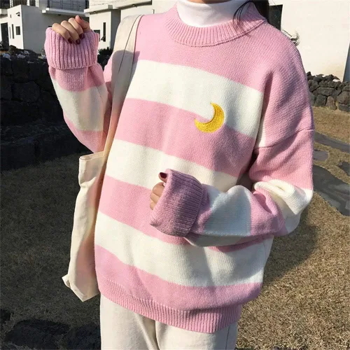 Vista 6 de Suéter Harajuku Moon para mujer, con cuello redondo, a rayas, para invierno, para estudiantes