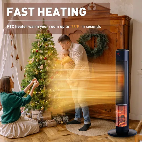 Vista 2 de Calentador de espacio eléctrico portátil para habitación grande de 37" con torre de cerámica, llama 3D para calefacción de habitación, oscilante