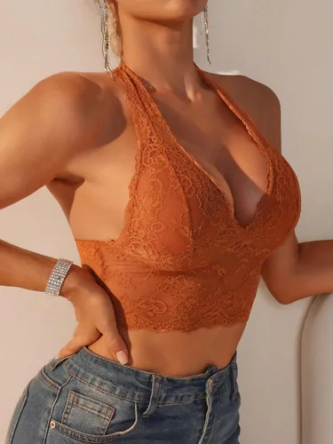 Vista 5 de Milumia Top corto sin mangas con cuello en V profundo de encaje para mujer