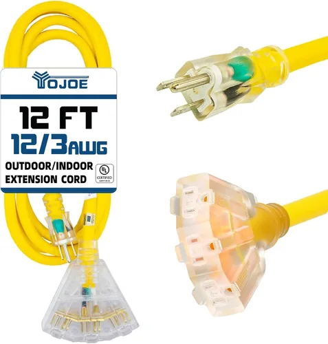 Vista 8 de YOJOE Cable de extensión de 3 salidas para interiores y exteriores con extremo iluminado, cable de alimentación de 3 clavijas 15A resistente a