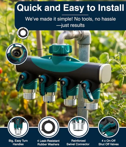 Vista 3 de DBR Tech® Divisor de manguera de 4 vías (durabilidad superior), conector de mangueras de jardín premium, válvula de agua resistente de 4 vías