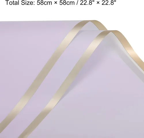 Vista 2 de MECCANIXITY 10 piezas de papel de regalo de flores con borde dorado, morado, 22.8 x 22.8 pulgadas, impermeable, para suministros de ramo de Púrpura