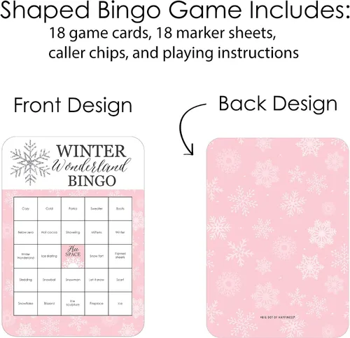 Vista 4 de Big Dot of Happiness Pink Winter Wonderland - Tarjetas de bingo y marcadores - Fiesta de cumpleaños de copo de nieve y juego de bingo para baby