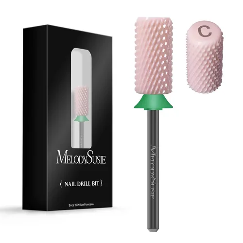 Vista 13 de MelodySusie Brocas de cerámica para uñas, 3/32 pulgadas, chaflán superior plana, puntas de barril grandes, eliminación rápida de acrílico o gel Rosa