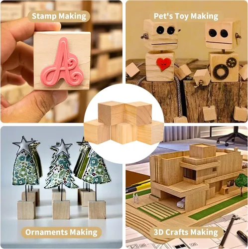 Vista 7 de Paquete de 50 cubos de madera de 2 pulgadas para manualidades, bloques de madera sin terminar, cubos de madera cuadrada maciza para pintura