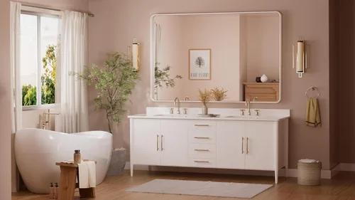 Vista 150 de TETOTE Espejo de marco dorado cepillado de 16 x 24 pulgadas, espejo de tocador de baño de latón dorado para pared, espejo enmarcado rectangular