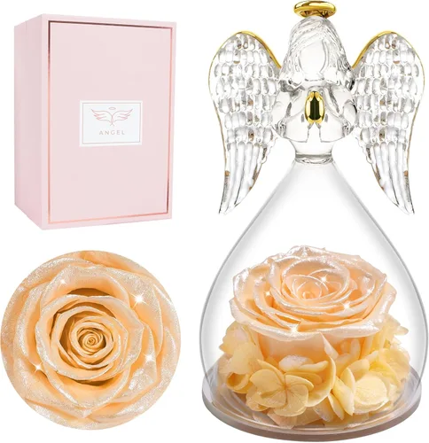 Vista 15 de Miofula Regalos para mamá, regalos de cumpleaños para mujeres, flores preservadas en figuras de ángel de cristal, flores frescas para entrega, Rosa