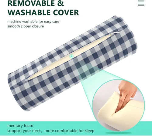 Vista 4 de Cervical Neck Roll, Blue White Gingham Round Pillow Washable Memory Foam Pillow, Bolster Pillow for Improved Sleeping, Travel, Home
