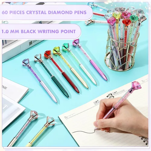Vista 6 de Zhehao 60 piezas de bolígrafos de gran cristal con diamantes, bolígrafos brillantes a granel con brillo, piedras de strass, tinta negra, suministros