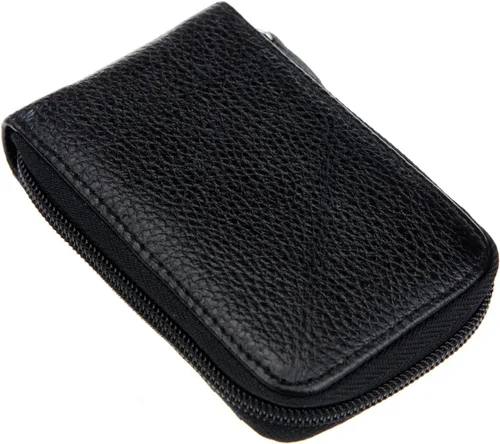 Vista 4 de RFID mini organizador de tarjetas de crédito, cuero auténtico, billetera compacta con visor de identificación, S, Negro