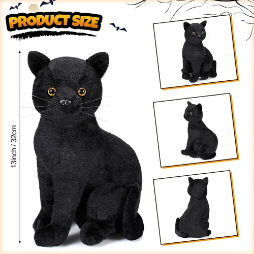 Vista 2 de Libima Peluche de gato negro de Halloween de 13 pulgadas, animal de peluche realista de gato suave y lindo, almohada de juguete, regalos para niños