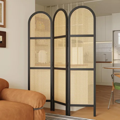 Vista 9 de Svimi Divisor de habitación plegable, 3 paneles, pantalla de privacidad de ratán y madera de pino con doble bisagra de 5.6 pies, división Negro
