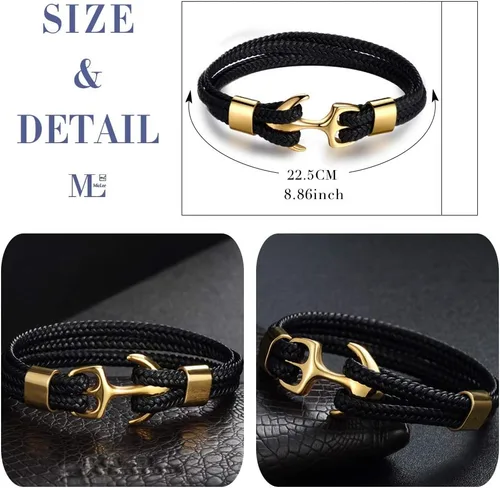 Vista 3 de MicLee Pulsera de cuero de anclaje vintage para hombre, pulsera multicapa, pulsera de cuerda con caja de regalo