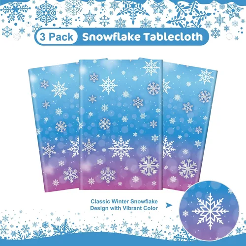 Vista 4 de 3 manteles de invierno con copos de nieve – Mantel de plástico de Frozen Wonderland desechable, rectangular, copos de nieve para suministros