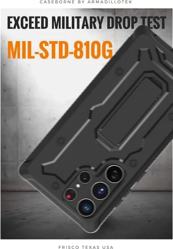 Vista 5 de CaseBorne Diseñada para Samsung Galaxy S22 Ultra 5G Case (2022), cuerpo completo multicapa resistente con soporte [sin pantalla] - Negro carbón