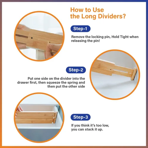 Vista 7 de Separadores de cajones de bambú ajustables para ropa, utensilios de cocina, escritorios de oficina, accesorios de baño, calcetines y ropa