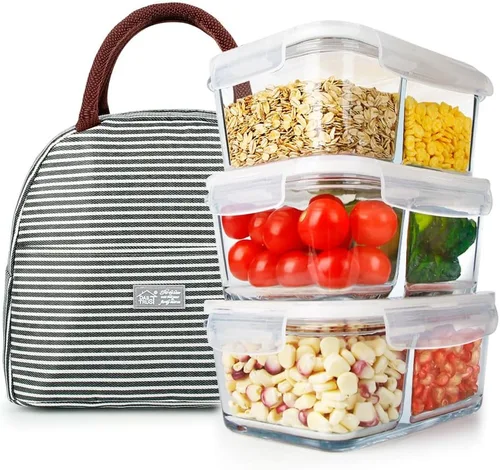 Vista 11 de DAS TRUST Paquete de 3 recipientes de vidrio para almacenamiento de alimentos, 2 compartimentos, recipientes de vidrio para preparación de comidas