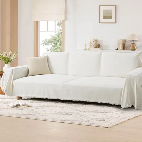 Vista 2 de Funda de sofá de chenilla, lavable, color beige y blanco, para sofá de 2 cojines, cómoda, gruesa y suave, en forma de L, protector de muebles