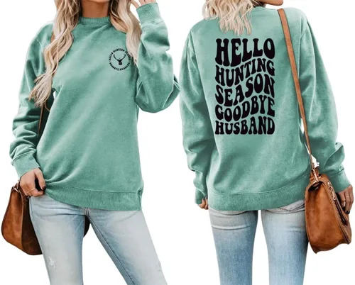 Vista 31 de DUDIHOHX Hello Hunting Season Goodbye Husband - Sudadera de manga larga con estampado de moda, casual, cuello redondo