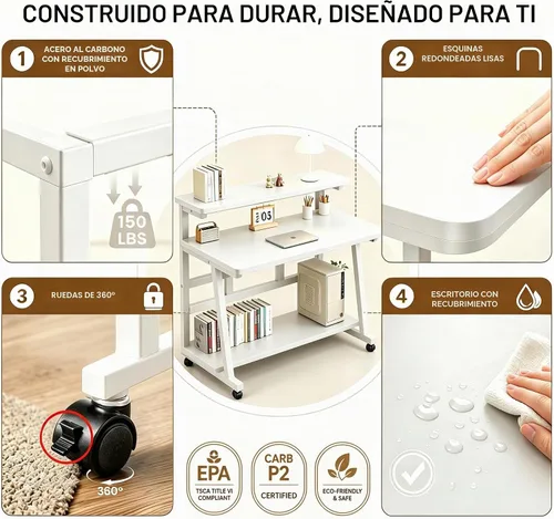 Vista 7 de Escritorio compacto de 39.4 pulgadas para computadora con mesa de trabajo de niveles y ruedas con bloqueo, escritorio pequeño para dormitorio