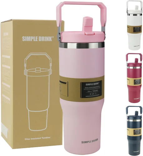 Vista 10 de Botella de agua aislada con pajilla abatible de 30 onzas con asa, vaso de acero inoxidable a prueba de fugas, taza de café de viaje al vacío