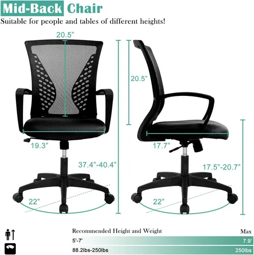Vista 6 de Silla de oficina en casa, silla de escritorio ergonómica, respaldo medio, silla de computadora de PC con soporte lumbar y reposabrazos, silla