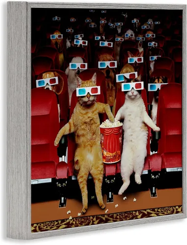 Vista 2 de Stupell Industries Gatos en el cine 3D Giclée enmarcado gris diseño de arte por Lund Roeser Enmarcado en blanco