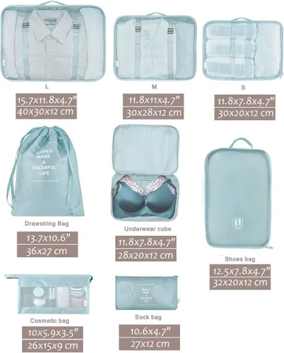 Vista 4 de Belsmi Juego de 8 cubos de embalaje con bolsa de zapatos, organizador de equipaje de viaje de compresión