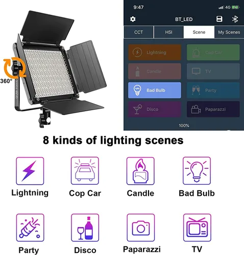 Vista 9 de GVM - Luz de video LED RGB con control Bluetooth, kit de iluminación de video 1000D PRO de 360° a todo color con 736 cuentas LED, 2 paquetes de luz