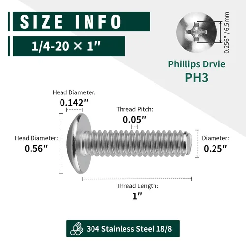 Vista 4 de Tornillos de máquina con cabeza de armadura de 1/4-20 x 1, Phillips Drive, rosca completamente a máquina, acero inoxidable 18-8 304, acabado