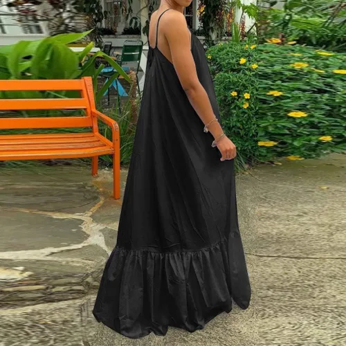 Vista 4 de SNKSDGM Vestido de fiesta casual de verano sin mangas con cuello en V para mujer, tirantes delgados básicos, vaporoso, corto, vestido de playa