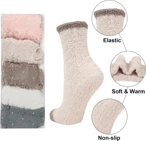 Vista 3 de Calcetines mullidos con empuñaduras para mujer, 5 pares suaves y esponjosos para dormir, acogedores, calcetines de hospital antideslizantes de felpa