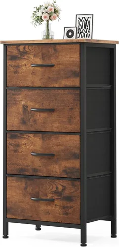 Vista 23 de Sweetcrispy Cómoda alta de tela para dormitorio, cómoda delgada de 6 cajones, torre de almacenamiento estrecha con parte superior de madera y marco
