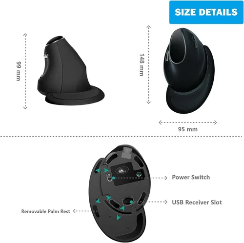 Vista 6 de Eelexa Ratón vertical ergonómico: Ratones ópticos de computadora de modo dual Bluetooth de 2.4G, mouse recargable inalámbrico con reposamanos