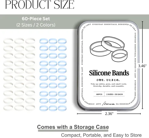 Vista 2 de Paquete de 60 bandas de silicona para organización y organización de cables, 2 tamaños (0.591 in y 0.787 in), antideslizantes, reutilizables