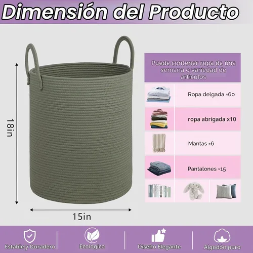 Vista 2 de Cesta de Lavandería Grande, Cesta de Ropa Sucia, Cesta de Almacenamiento de Cuerda de Algodón de 15''x18'' con Asas, cesta para bebé, Almacenamiento