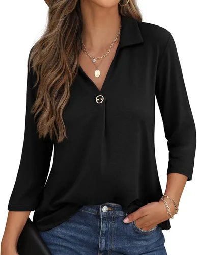 Vista 2 de QIXING Blusa casual de verano para mujer, cuello en V, con botones, elegante, para mujer