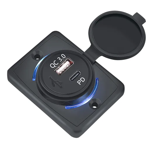 Vista 2 de Cargador de coche rápido de 12 V-24 V - Dual PD USB-C y puertos USB-A de carga rápida 3.0, entrega de energía de 18 W, enchufe tipo C de tapa