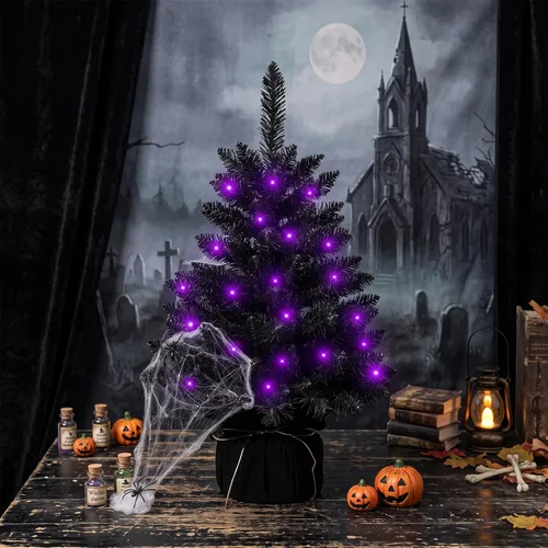 Vista 3 de Árbol de Halloween negro de 2 pies con luces, 50 LED multicolor preiluminado, mini árbol de Navidad artificial morado, árbol de Halloween