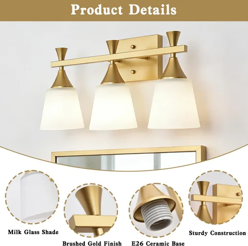 Vista 5 de Lámpara moderna de tocador de baño de 3 luces, lámparas de pared de vidrio de leche sobre el espejo, iluminación de tocador de oro cepillado