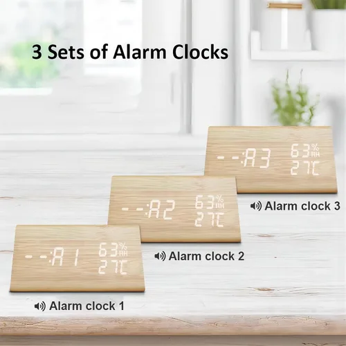 Vista 4 de Reloj despertador digital, LED electrónico de madera, pantalla de fecha de hora, detección de temperatura y humedad, 3 ajustes de alarma, brillo