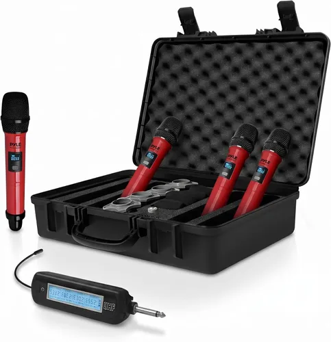 Vista 9 de Pyle Sistema de micrófono inalámbrico UHF - Receptor Bluetooth con 2 micrófonos de mano recargables, baterías de 1200 mAh, sonido claro
