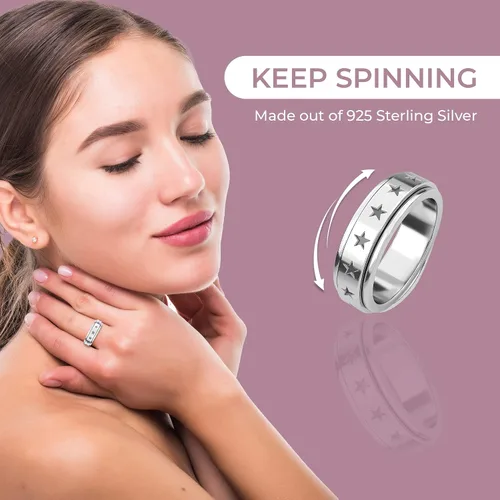 Vista 4 de Shop LC - Anillo giratorio de plata de ley 925, diseño de lunas y estrellas, anillo antiansiedad para mujeres y hombres, chapado en platino, joyería