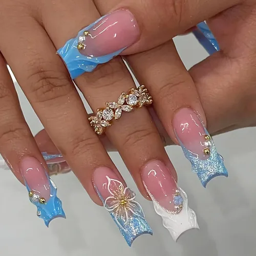 Vista 29 de BABALAL Uñas postizas punk a presión, uñas falsas cortas cuadradas, pegamento de caída de guepardo, uñas acrílicas azules y blancas con punta