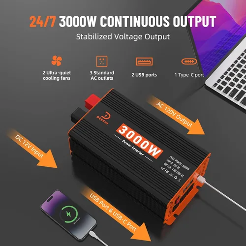 Vista 5 de Inversor de corriente de 3000 W de 12 V CC a 110 V/120 V CA convertidor para RV/camión/barco/campamento/inversor de energía solar fuera de la red