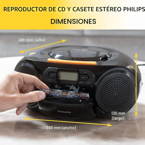 Vista 2 de Philips Reproductor de CD portátil Boombox - Reproductor de MP3 portátil y reproductor de cinta de casete, sistema de sonido estéreo compacto Boom